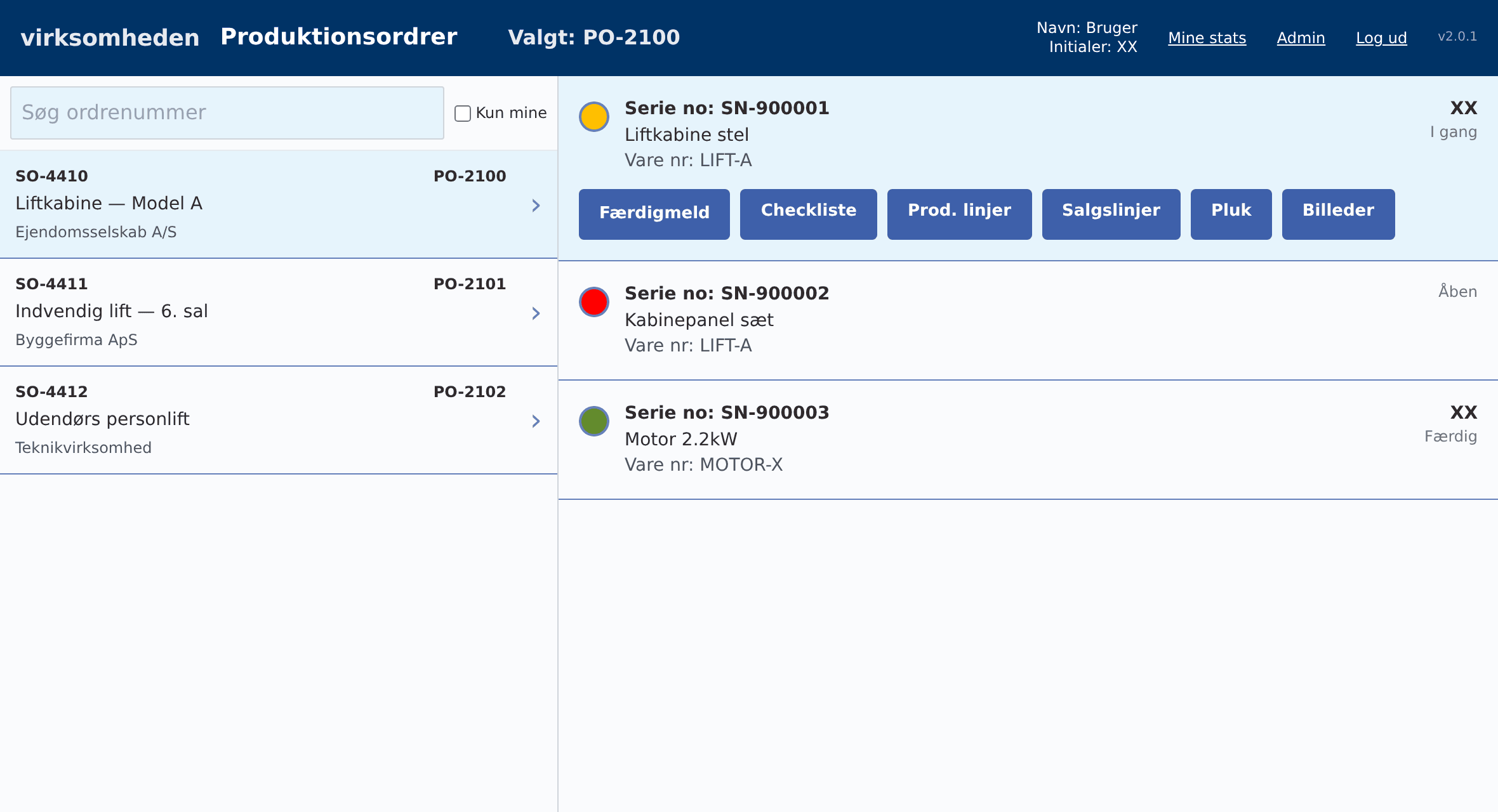 Anonymiseret produktionsapp: ordre med tjekliste og serienumre på tablet